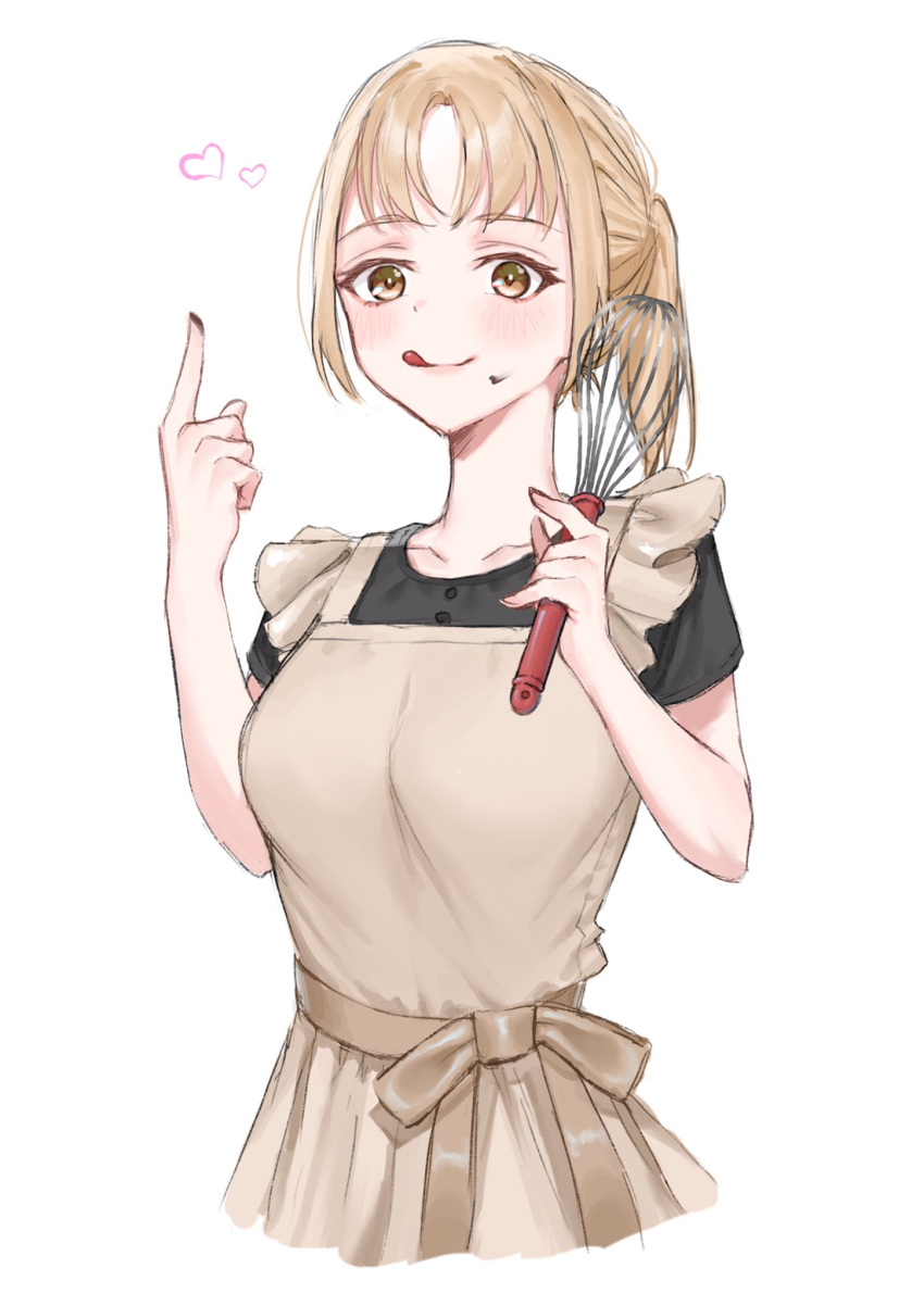 1girl apron bangs black_shirt brown_apron chocolate food food_on_face food_on_finger heart highres light_brown_eyes light_brown_hair nao_0829_17 nijisanji parted_bangs shirt sister_cleaire solo tasting tongue tongue_out valentine virtual_youtuber whisk white_background