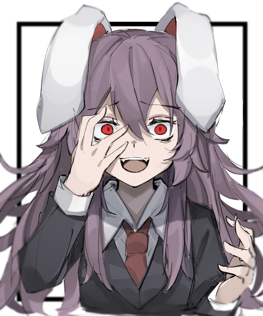animal_ears blazer carrot carrot_necklace constricted_pupils crazy crazy_eyes crazy_smile duplicate empty_eyes hand_on_own_face highres hisha_(kan_moko) jacket laughing light_purple_hair moon_rabbit necktie purple_hair rabbit_ears rabbit_girl red_eyes red_neckwear reisen_udongein_inaba touhou