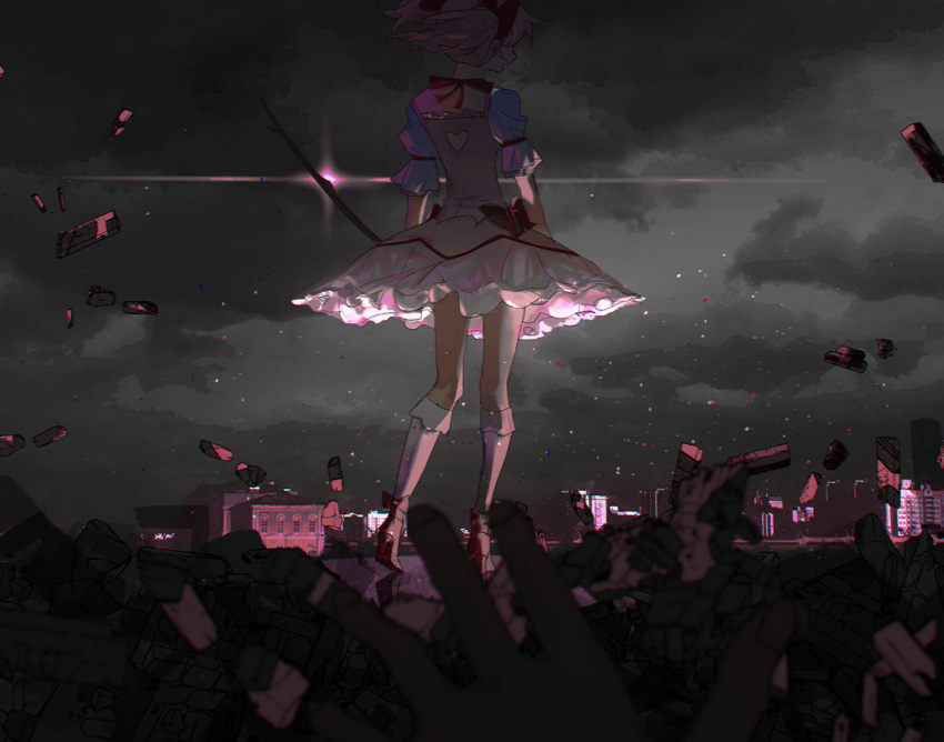 1girl 1other adeuce ankle_ribbon arms_at_sides back_cutout black_theme blurry blurry_background bobby_socks bow bow_(weapon) bubble_skirt building choker chromatic_aberration city clothing_cutout clouds cloudy_sky dark_clouds dark_sky darkness debris destruction facing_away fingernails floating_hair floating_rock frilled_sleeves frills from_behind glint hair_over_one_eye hands heart_cutout kaname_madoka layered_skirt legs_together light_particles limited_palette mahou_shoujo_madoka_magica out_of_frame outdoors outstretched_hand parted_lips pink_hair pink_theme pov pov_hands profile puffy_sleeves reaching red_bow red_footwear ribbon ribbon_choker rock rubble shoes short_twintails skirt sky skyscraper socks solo_focus standing standing_on_one_leg twintails waist_bow weapon white_legwear white_skirt wide_shot window