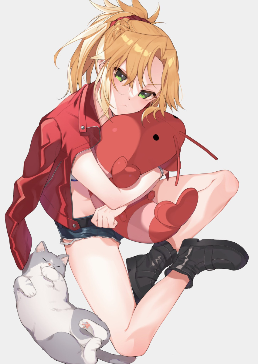 1girl bandeau bangs blonde_hair blue_shorts blush boots braid breasts cat citron_82 commission cutoffs denim denim_shorts fate/apocrypha fate_(series) french_braid green_eyes hair_ornament hair_scrunchie highres jacket jacket_on_shoulders lobster long_hair looking_at_viewer mordred_(fate) mordred_(fate/apocrypha) open_clothes open_jacket parted_bangs ponytail red_jacket scrunchie shorts sidelocks sitting skeb_commission small_breasts stuffed_toy