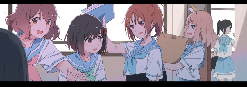 5girls bangs black_hair blonde_hair blue_eyes blue_neckwear blue_sailor_collar blue_skirt blush box brown_eyes brown_hair green_eyes green_neckwear hair_ribbon hallway hibike!_euphonium hisaishi_kanade holding holding_another's_arm holding_box holding_notebook indoors kasaki_nozomi kitauji_high_school_uniform long_hair looking_at_another medium_hair monsieur multiple_girls nakagawa_natsuki neckerchief notebook open_mouth oumae_kumiko pink_neckwear pleated_skirt ponytail red_eyes ribbon sailor_collar school_uniform serafuku shirt short_hair short_sleeves skirt smile standing violet_eyes white_shirt window yellow_ribbon yoshikawa_yuuko