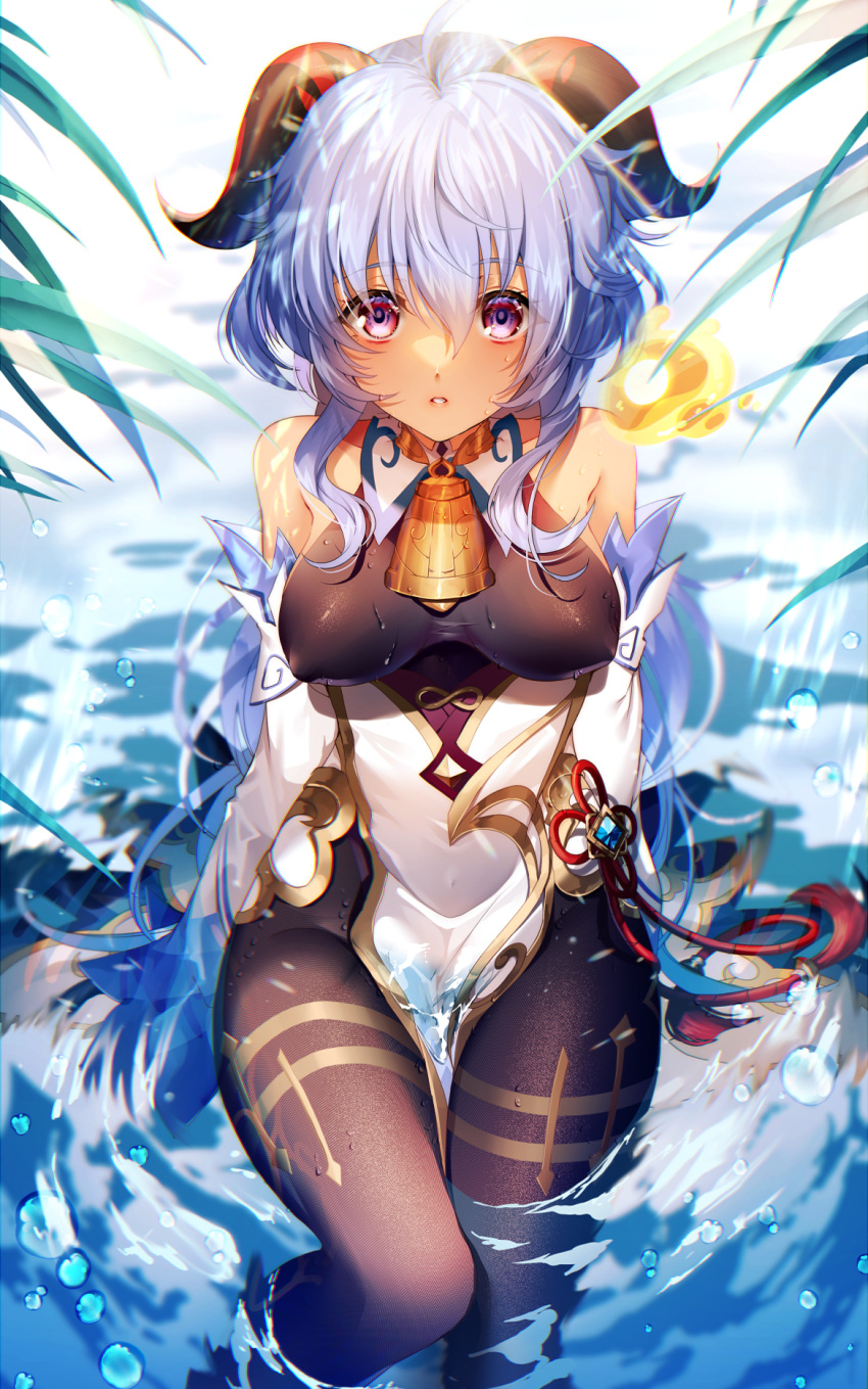 1girl ahoge bangs bell black_bodysuit black_gloves blue_hair blurry bodysuit commentary_request depth_of_field detached_sleeves eyebrows_visible_through_hair from_above ganyu_(genshin_impact) genshin_impact gloves hair_between_eyes highres horns in_water long_hair looking_at_viewer looking_up neck_bell parted_lips seelie_(genshin_impact) sidelocks sitting solo urashima_(hidoro_mgmg) violet_eyes vision_(genshin_impact) wet wet_clothes wide_sleeves