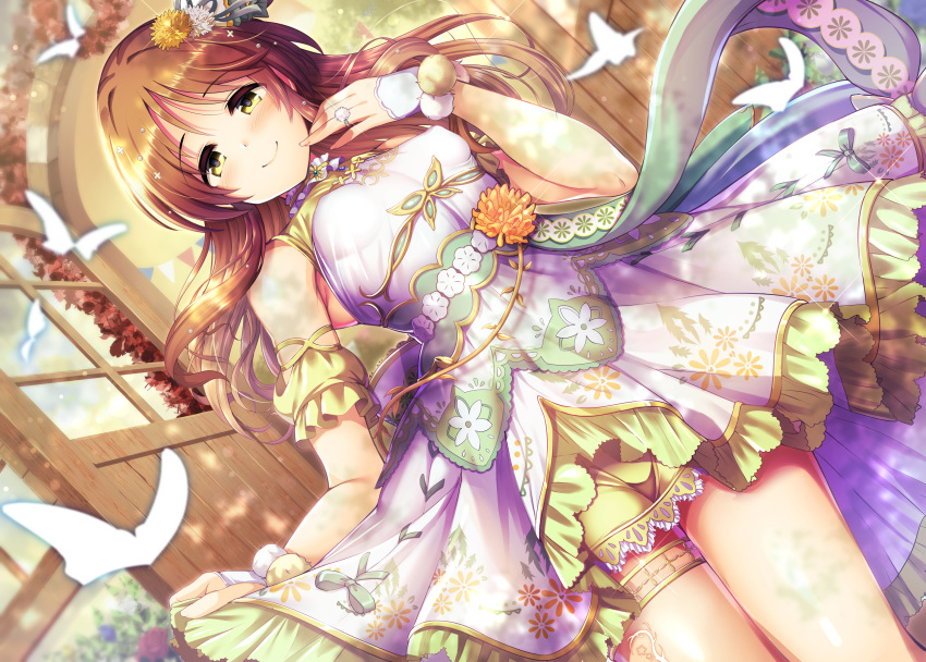 1girl breasts brown_eyes brown_hair bug butterfly covered_nipples detached_sleeves dress dutch_angle hair_down hair_ornament highres idolmaster idolmaster_cinderella_girls insect jewelry long_hair looking_at_viewer ment open_mouth ring shiny shiny_hair skirt_hold small_breasts smile solo takamori_aiko wedding_ring wooden_door