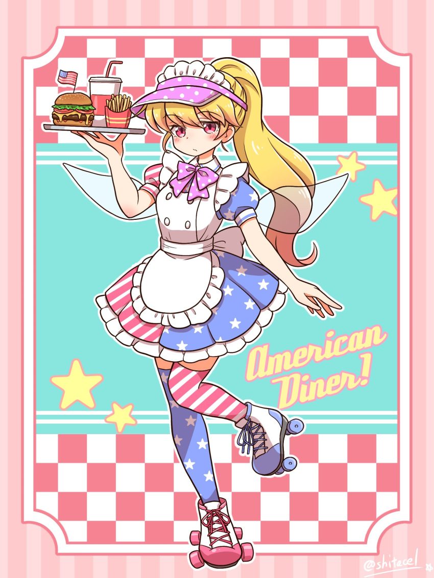 1girl american_flag american_flag_dress american_flag_legwear apron bangs blonde_hair blue_background blue_dress blue_flower bow bowtie burger chips closed_mouth clownpiece cocktail cocktail_glass collar cup dress drinking_glass eyebrows_visible_through_hair eyes_visible_through_hair fairy_wings flower food hair_between_eyes hat highres long_hair looking_at_viewer multicolored multicolored_background multicolored_clothes multicolored_dress pink_background pink_bow pink_flower pink_headwear pink_neckwear polka_dot polka_dot_bow ponytail potato_chips puffy_short_sleeves puffy_sleeves red_dress red_eyes roller_shoes shitacemayo shoes short_sleeves sneakers solo standing standing_on_one_leg star_(symbol) star_print striped striped_background striped_dress thigh-highs touhou tray white_apron white_background white_bow white_dress white_footwear wings