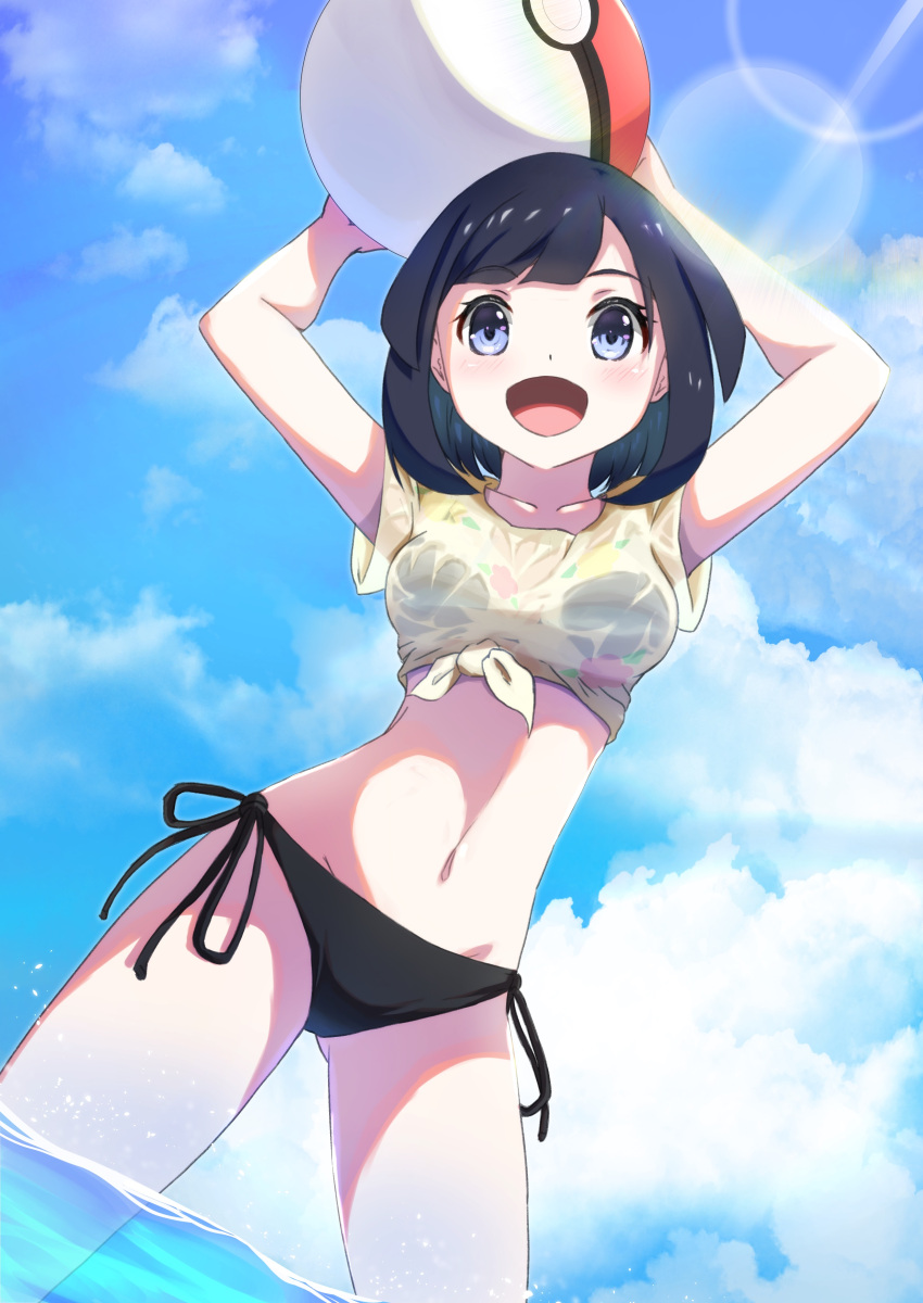 1girl :d absurdres arms_up bangs bikini black_bikini black_hair blush breasts clouds collarbone commentary_request day eyelashes from_below grey_eyes highres holding lens_flare medium_hair navel negimiso1989 open_mouth outdoors pokemon pokemon_(game) pokemon_sm selene_(pokemon) shirt short_sleeves side-tie_bikini sky smile solo swimsuit tied_shirt tongue wading water yellow_shirt