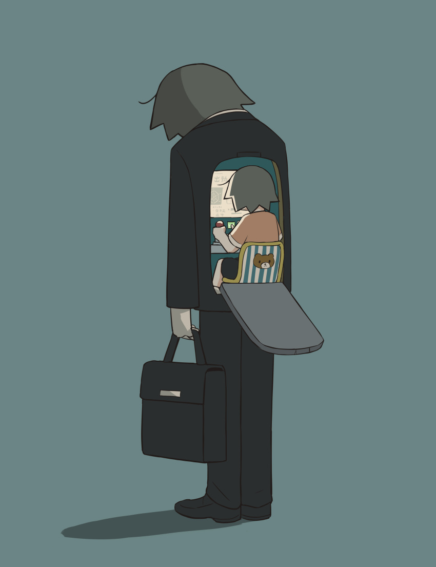 2boys absurdres avogado6 black_footwear black_jacket black_pants blue_background child commentary_request facing_away from_side grey_hair highres holding holding_suitcase jacket multiple_boys original pants piloting shoes simple_background standing suitcase tagme translation_request