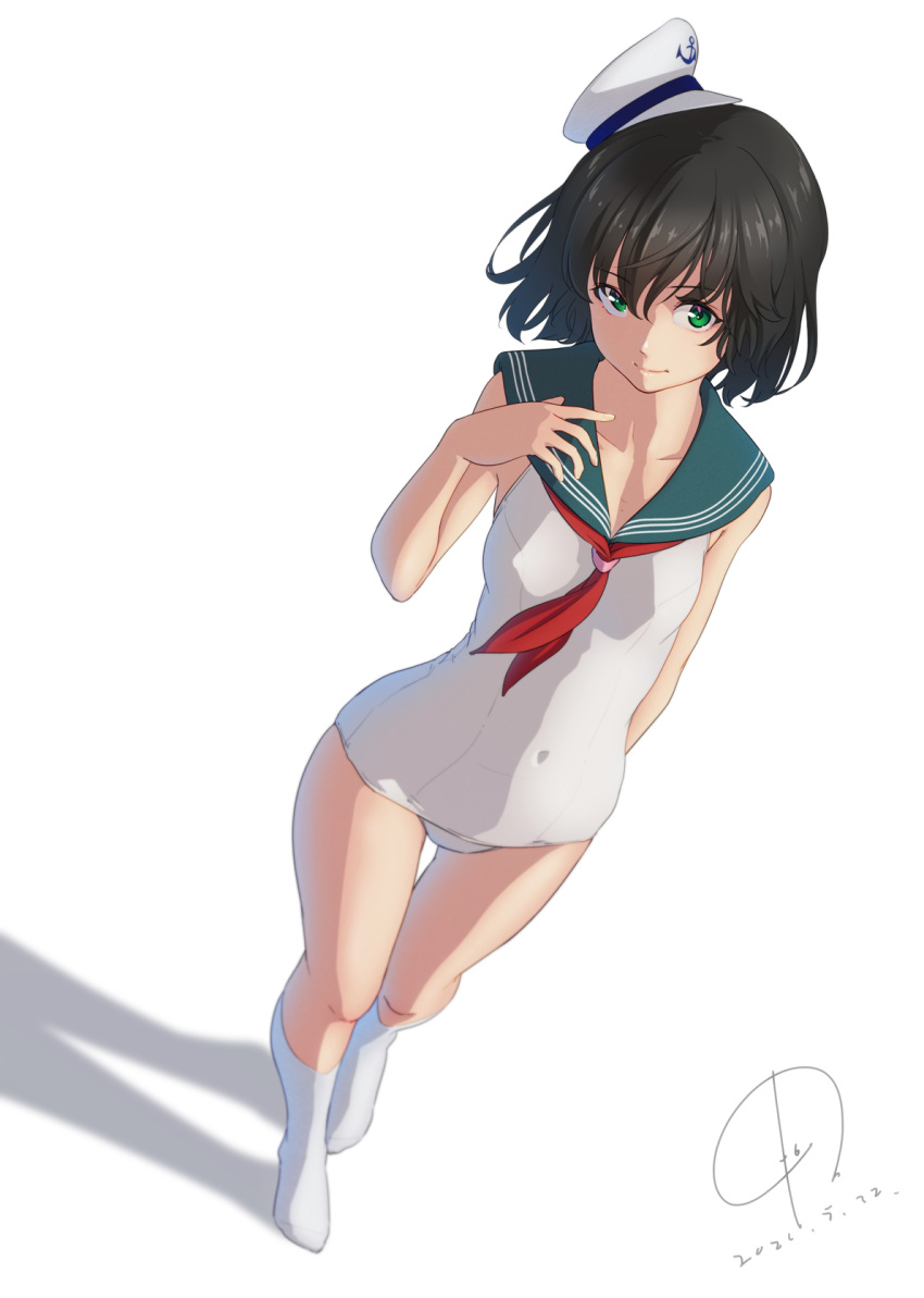 1girl 4690_(tkpbsk) bangs bare_arms black_hair breasts collarbone commentary_request covered_navel eyebrows_visible_through_hair from_above full_body green_eyes hat highres kneehighs looking_at_viewer murasa_minamitsu neckerchief one-piece_swimsuit red_neckwear sailor_collar sailor_hat see-through shadow short_hair simple_background smile solo standing swimsuit touhou white_background white_legwear white_swimsuit
