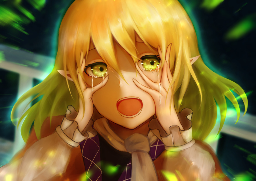 1girl absurdres bangs black_shirt blonde_hair brown_jacket commentary_request crying crying_with_eyes_open english_commentary face green_eyes hair_between_eyes hands_on_own_face highres jacket looking_at_viewer medium_hair mixed-language_commentary mizuhashi_parsee multicolored multicolored_clothes multicolored_jacket naruenaga open_mouth pointy_ears scarf shirt solo tears touhou white_scarf