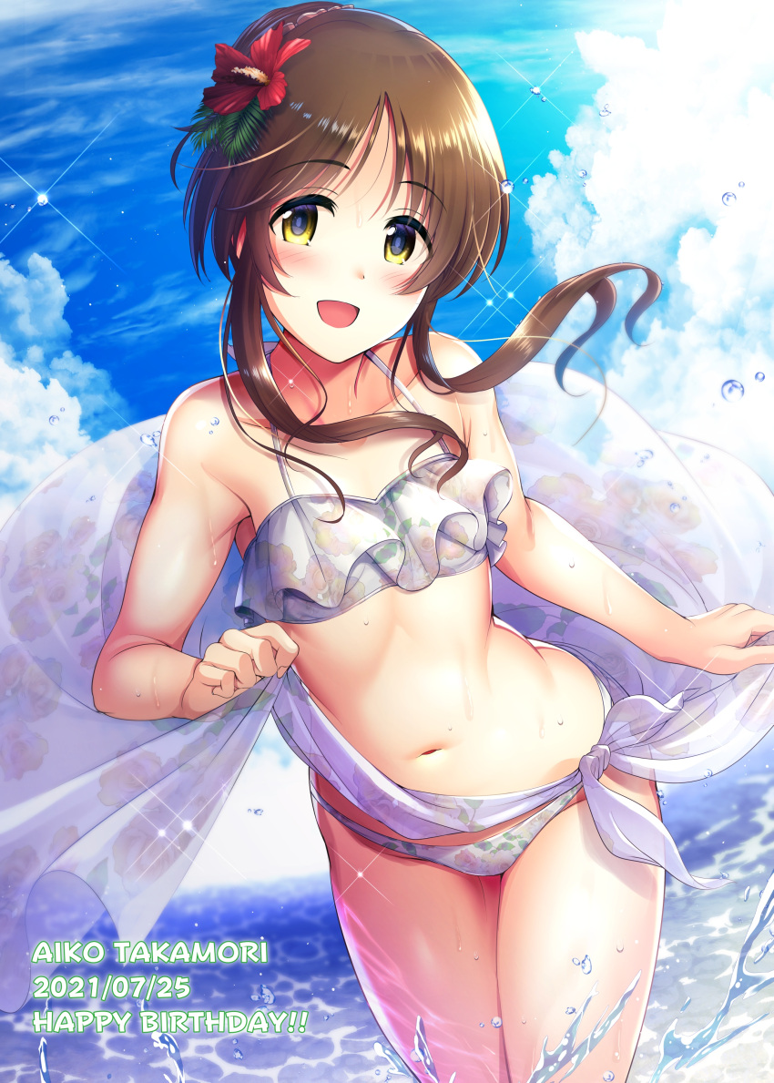 1girl absurdres armpit_crease bikini blue_sky blush brown_hair character_name clouds dated day flat_chest flower hair_flower hair_ornament happy_birthday highres idolmaster idolmaster_cinderella_girls long_hair looking_at_viewer md5_mismatch ment navel ocean open_mouth outdoors ponytail red_flower resolution_mismatch short_hair short_hair_with_long_locks sky smile solo source_larger splashing swimsuit takamori_aiko wading white_bikini yellow_eyes