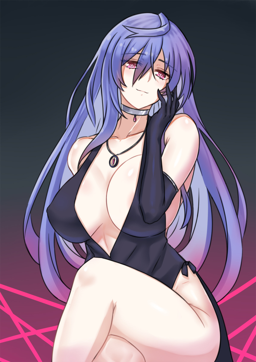 1girl bangs bare_shoulders black_dress breasts bridal_gauntlets choker collarbone crossed_legs dress eyebrows_visible_through_hair eyes_visible_through_hair gradient gradient_background hair_between_eyes hand_on_own_cheek hand_on_own_face highres hip_vent iris_heart jewelry kami_jigen_game_neptune_v large_breasts long_hair looking_at_viewer necklace neptune_(series) power_symbol purple_hair red_eyes solo symbol-shaped_pupils thighs zatsu