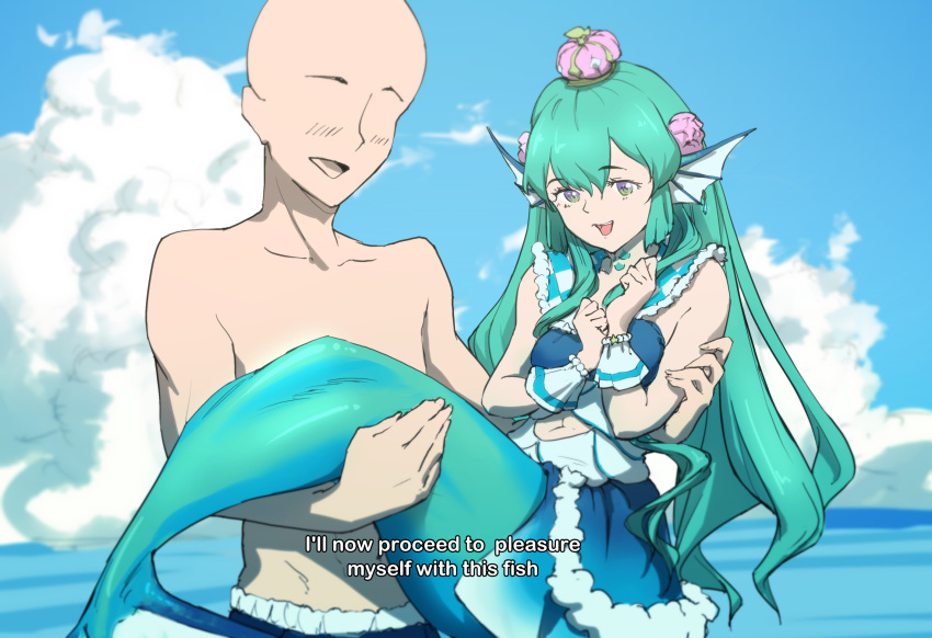 1boy 1girl bald blue_skirt breasts carrying clothing_cutout code_geass crown english_text faceless faceless_male finana_ryugu flower green_hair hair_flower hair_ornament head_fins highres holding_person long_hair looking_at_viewer medium_breasts meme mermaid monster_girl navel navel_cutout nijisanji nijisanji_en ocean open_mouth princess_carry purple_headwear skirt sky smile subtitled vii7ths violet_eyes virtual_youtuber water