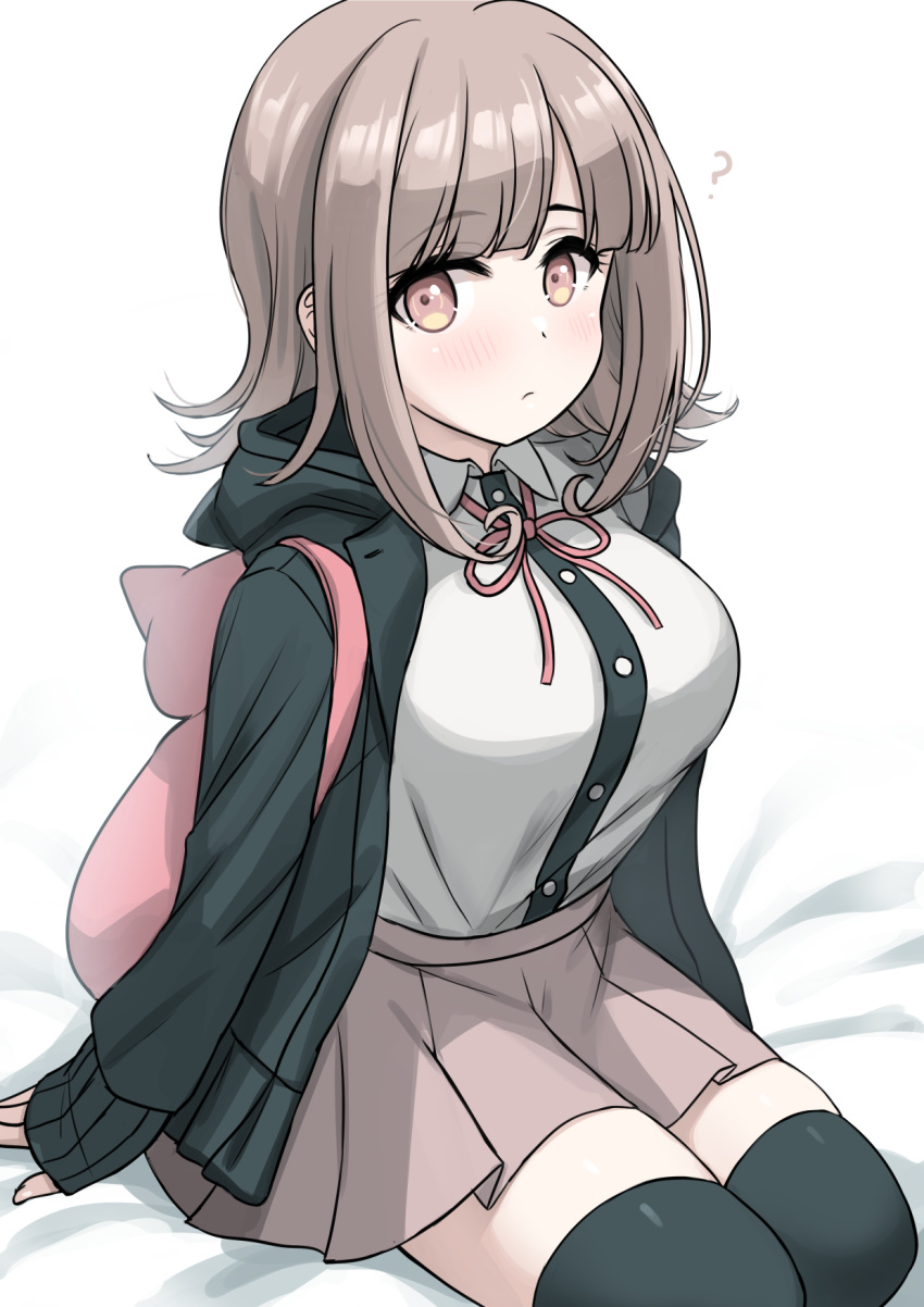 1girl ? animal_bag backpack bag bangs black_legwear black_shirt blush breasts brown_skirt cat_bag closed_mouth collared_shirt commentary_request dangan_ronpa_(series) dangan_ronpa_2:_goodbye_despair dress_shirt eyebrows_visible_through_hair flipped_hair grey_shirt hair_ornament highres hood hooded_jacket jacket kibihimi large_breasts looking_at_viewer medium_hair nanami_chiaki open_clothes open_jacket over-kneehighs pink_bag pink_eyes pleated_skirt ribbon shiny shiny_hair shirt shirt_tucked_in skindentation skirt sleeves_past_wrists solo thigh-highs two-tone_shirt