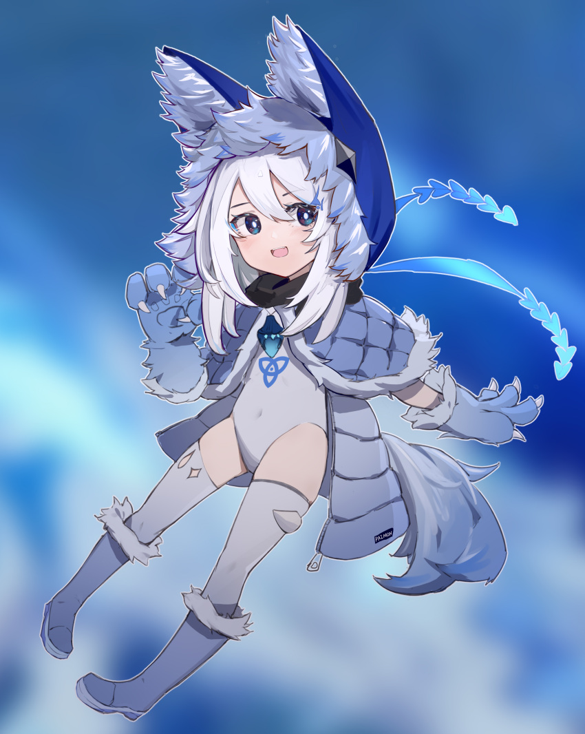 1girl :d absurdres animal_ear_fluff animal_ears animal_hands animal_hood bangs blue_capelet blue_eyes blue_footwear blue_gloves blurry blurry_background boots capelet commentary_request covered_navel depth_of_field eyebrows_visible_through_hair fake_animal_ears fur-trimmed_boots fur-trimmed_capelet fur-trimmed_gloves fur-trimmed_hood fur_trim genshin_impact gloves hair_between_eyes highres hood hood_up hooded_capelet leotard looking_at_viewer open_mouth paimon_(genshin_impact) paw_gloves pigeon-toed smile solo thigh-highs thighhighs_under_boots white_hair white_legwear white_leotard