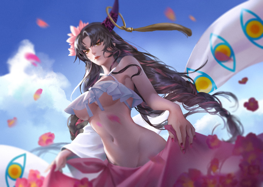 1girl absurdres bangs bare_shoulders bikini black_hair blue_sky breasts bubble enlin_(pixiv2334458) facial_mark fate/grand_order fate_(series) forehead_mark highres horn_ornament horn_ring horns large_breasts long_hair long_sleeves looking_at_viewer navel parted_bangs petals sarong sesshouin_kiara sesshouin_kiara_(swimsuit_mooncancer)_(fate) sky solo swimsuit under_boob veil very_long_hair wavy_hair white_bikini wide_sleeves yellow_eyes