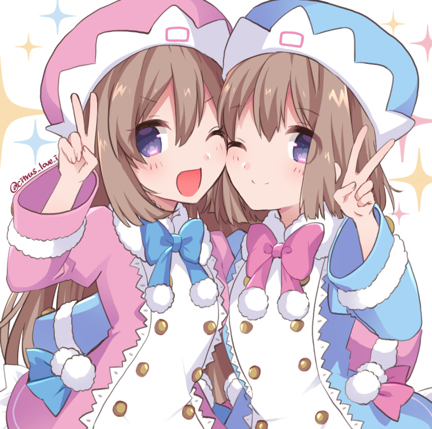 2girls ;) ;d arm_around_waist blue_coat blue_eyes blue_headwear blue_neckwear blush bow bowtie breast_press brown_hair buttons cheek-to-cheek coat double-breasted fang fur-trimmed_coat fur_trim hair_between_eyes hand_up happy haruna_(citrus_love_i) hug long_hair medium_hair multiple_girls neptune_(series) one_eye_closed open_mouth pink_coat pink_headwear pink_neckwear pom_pom_(clothes) ram_(neptune_series) rom_(neptune_series) siblings sisters smile starry_background symmetrical_docking twins v very_long_hair wide_sleeves