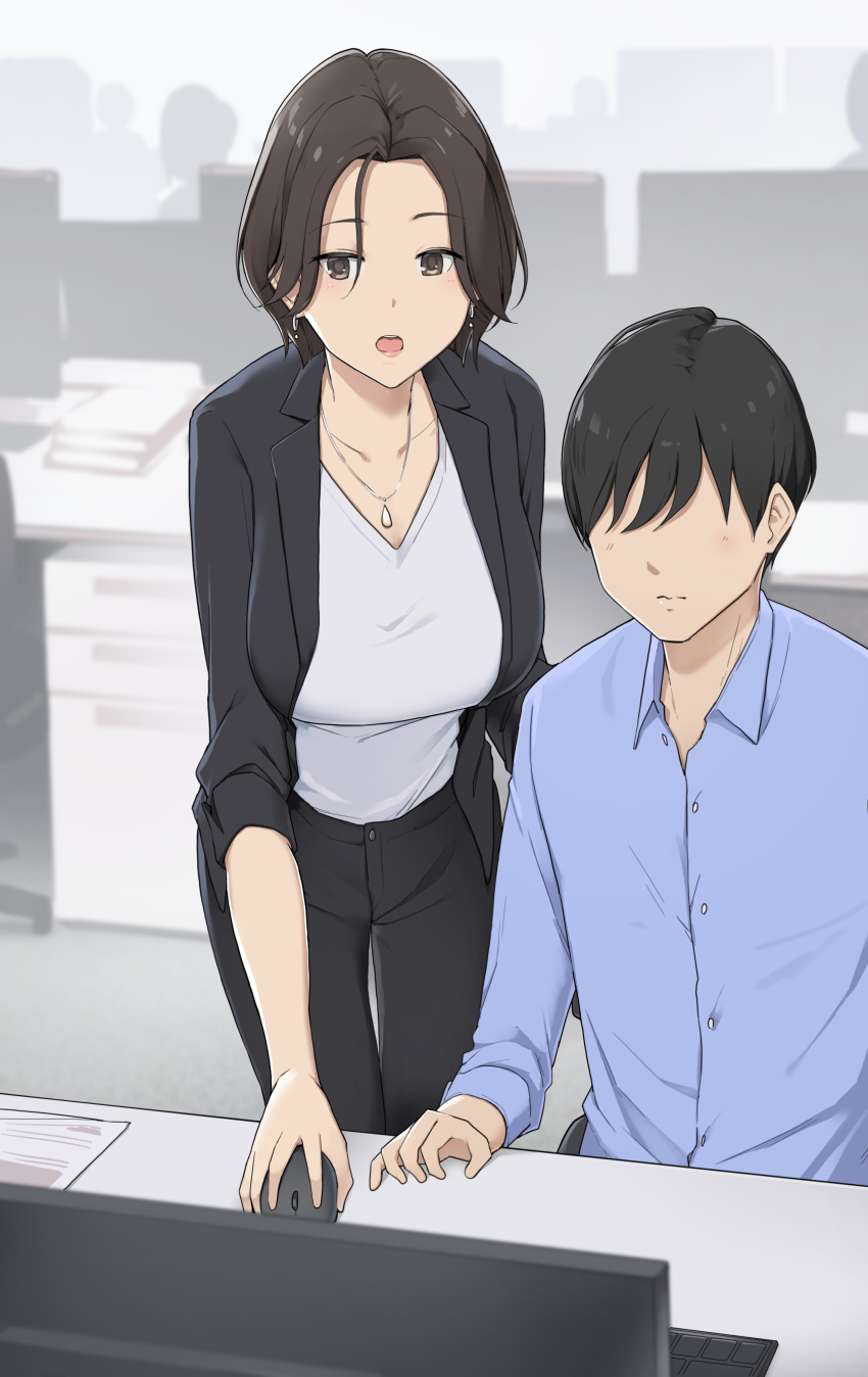 1boy 1girl absurdres black_hair black_pants blue_shirt breasts brown_eyes brown_hair earrings formal highres jewelry large_breasts long_sleeves mouse_(computer) necklace office_lady original pant_suit pants shirt suit vest wakamatsu372 white_shirt