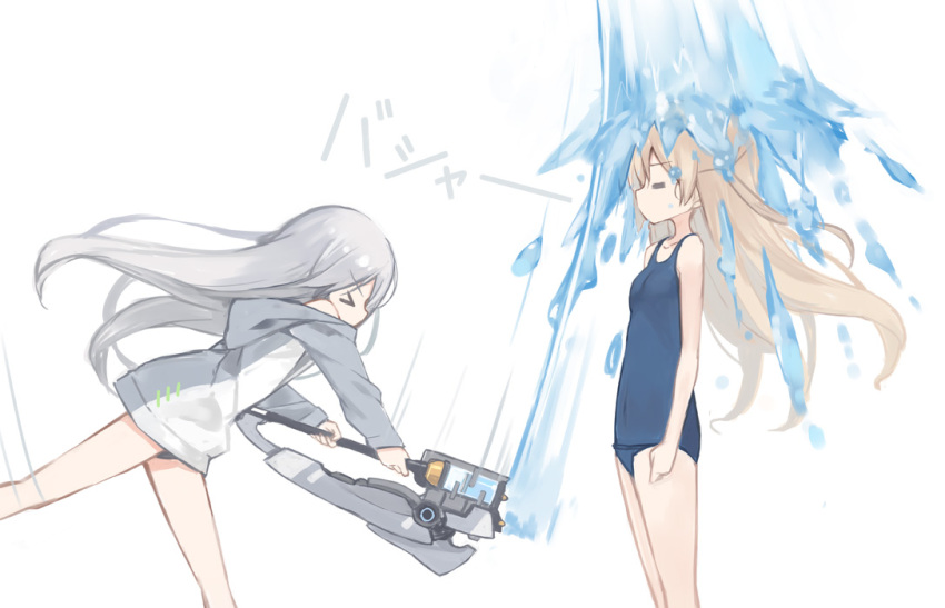 &gt;_&lt; 2girls =_= barefoot blonde_hair commentary_request eyebrows_visible_through_hair holding holding_sword holding_weapon hood hoodie jacket long_hair multiple_girls one-piece_swimsuit original poco_(asahi_age) profile school_swimsuit silver_hair simple_background splashing striped swimsuit swimsuit_under_clothes sword water weapon wet white_background