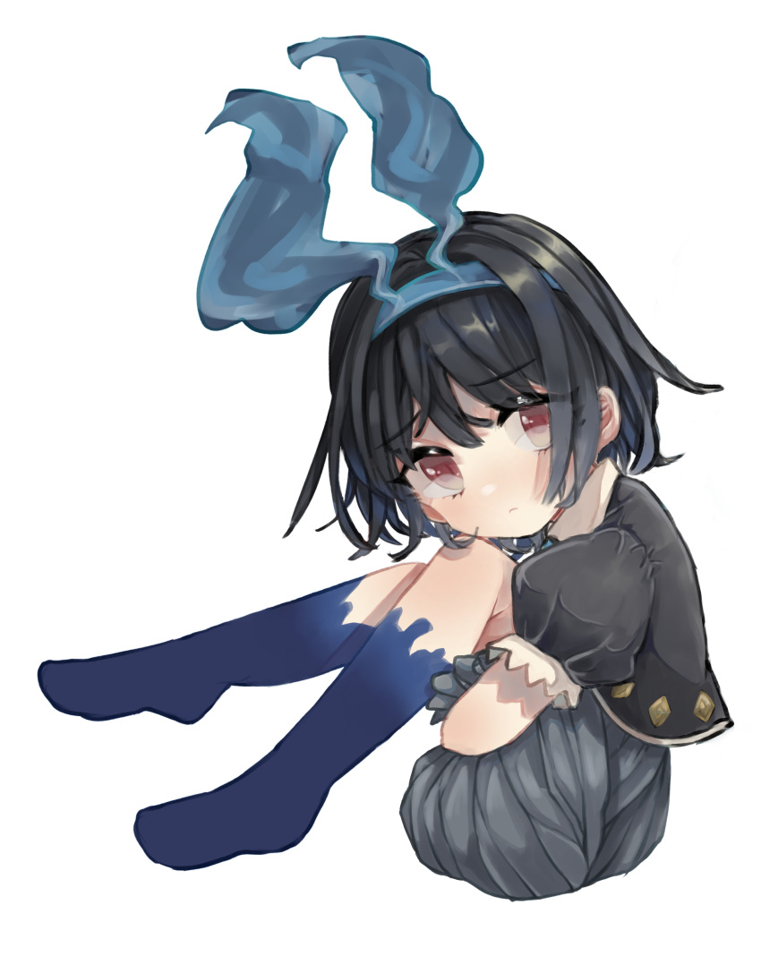 1girl absurdres alice_(sinoalice) bangs blue_dress blue_eyes blue_gloves blue_hair blue_legwear botan_yuduki closed_mouth dress full_body gloves hair_between_eyes headband highres hugging_own_legs looking_at_viewer red_eyes short_hair short_sleeves simple_background sinoalice solo white_background younger