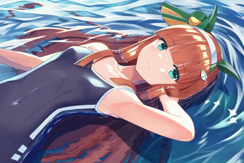 1girl akabane_hibame animal_ears aqua_eyes bad_anatomy bad_perspective bangs bare_arms bare_shoulders black_swimsuit blunt_bangs closed_mouth eyebrows_visible_through_hair hairband highres horse_ears horse_girl long_hair looking_at_viewer lying_on_water one-piece_swimsuit orange_hair partially_submerged silence_suzuka_(umamusume) solo swimsuit umamusume upper_body water white_hairband