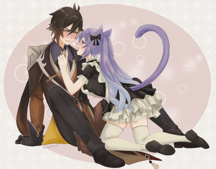 1boy 1girl alternate_costume animal_ears antenna_hair apron bangs black_gloves blush bow braid brown_hair cat_ears cat_tail chinese_knot coat contemporary eyeliner frilled_shirt_collar frilled_sleeves frills furrowed_brow genshin_impact gloves gradient_hair hair_bow hand_on_another's_chest hand_on_another's_chin hand_on_floor heart hetero highres index_finger_raised jewelry keqing_(genshin_impact) kneeling leaning_forward long_hair long_sleeves looking_at_another maid makeup multicolored_hair necktie open_clothes open_coat open_mouth orange_hair pants purple_hair ring saku_(ladyfubuki) shoes short_sleeves sidelocks sitting skirt sweatdrop tail thigh-highs twintails twitter_username violet_eyes wavy_mouth white_legwear yellow_eyes zhongli_(genshin_impact)