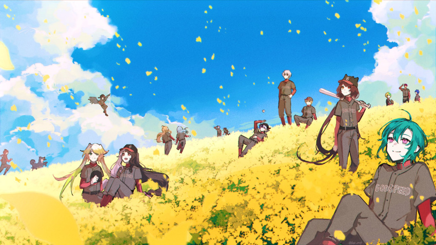 2others 4girls 6+boys annotated azura_cecillia baseball_uniform black_headwear black_wings blonde_hair blue_hair brown_hair dog ex_albio field floating_hair flower flower_field flying fujikiri_yana fuwa_minato genzuki_toujirou green_hair grey_pants hair_behind_ear harusaki_air hayase_sou highres inui_toko kuroi_shiba kuzuha_(nijisanji) lauren_iroas long_hair looking_up lying melissa_kinrenka multicolored_hair multiple_boys multiple_girls multiple_others nijisanji nijisanji_id nijisanji_kr pants rai_galilei redhead riksa_dhirendra running ryuushen seffyna short_hair smile sportswear streaked_hair twintails two-tone_hair violet_eyes virtual_youtuber white_hair wings yamagami_karuta yorumi_rena