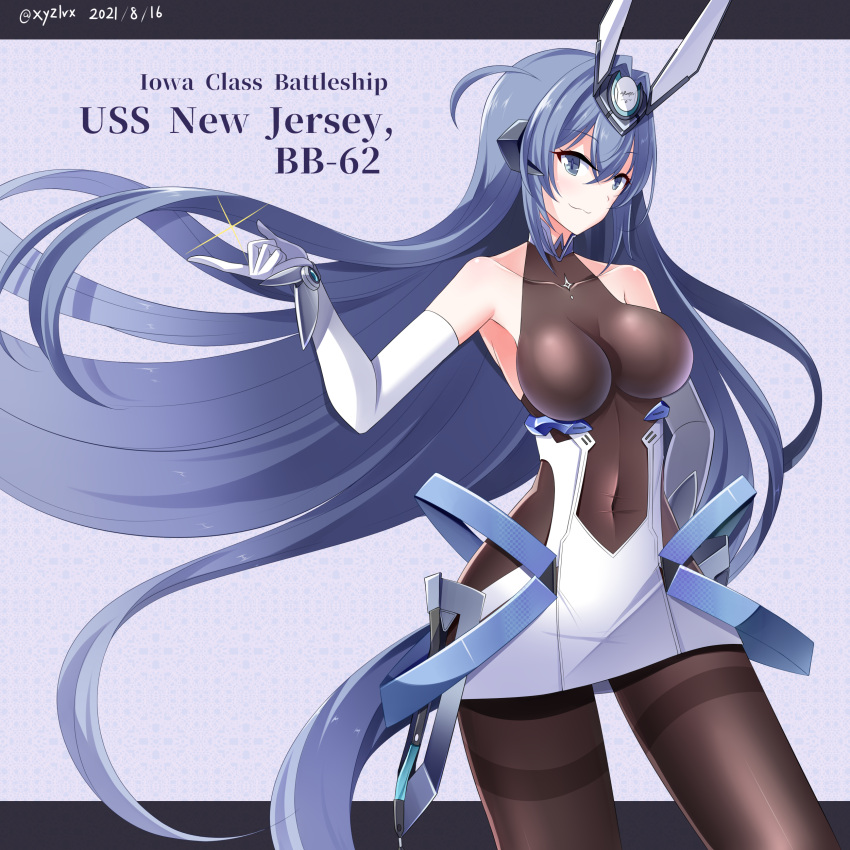 1girl :3 absurdres armpits artist_name azur_lane bangs bare_shoulders blue_eyes blue_hair bodystocking breasts closed_mouth clothing_cutout commentary_request covered_collarbone covered_navel cowboy_shot crossed_bangs dated dress elbow_gloves eyebrows_visible_through_hair floating_hair gloves hair_between_eyes hair_intakes hand_on_hip hand_up headgear hebitsukai-san highres large_breasts letterboxed long_hair looking_at_viewer navel_cutout new_jersey_(azur_lane) sidelocks smile solo sparkle standing twitter_username very_long_hair white_dress white_gloves