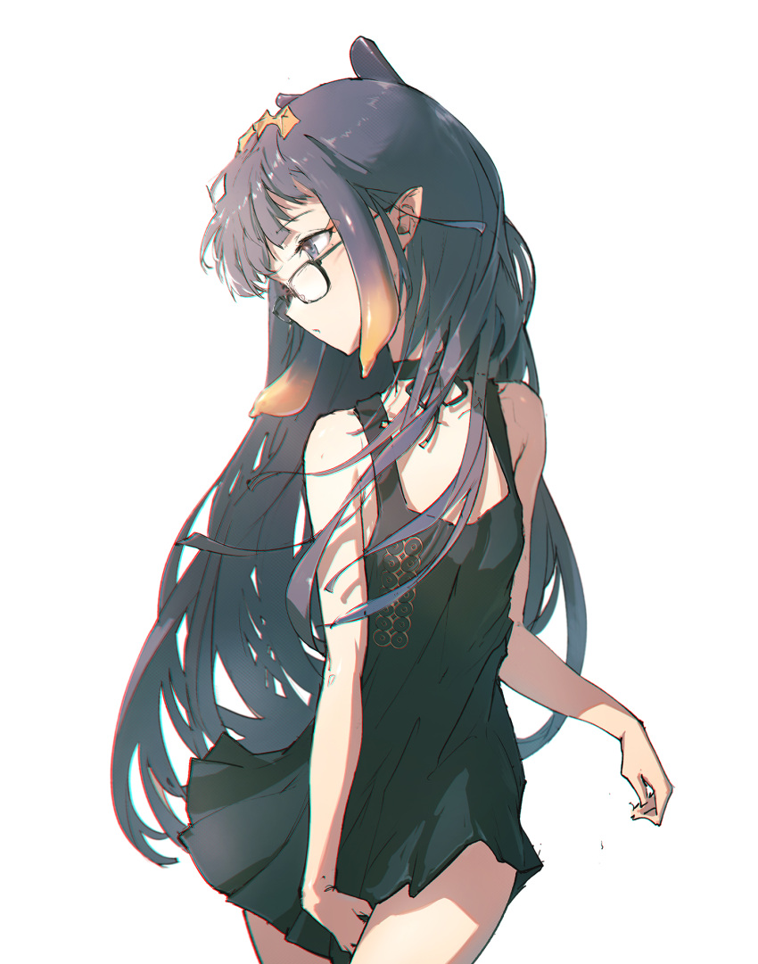 1girl bangs bespectacled black_dress black_hair collarbone dino_(dinoartforame) dress english_commentary eyebrows_visible_through_hair flat_chest glasses hair_behind_ear head_tilt highres hololive hololive_english looking_to_the_side ninomae_ina'nis pointy_ears solo tentacle_hair virtual_youtuber white_background