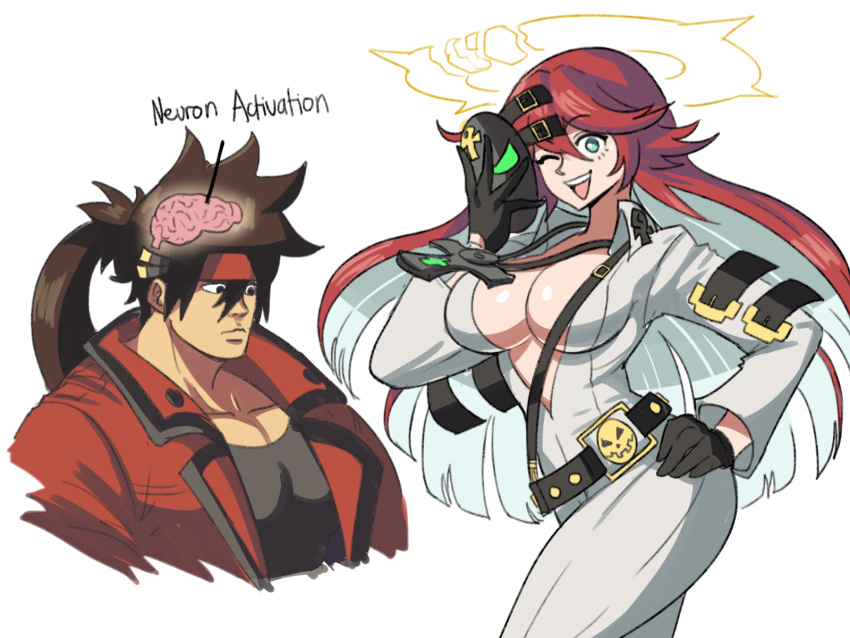 1boy 1girl ankh ankh_necklace arc_system_works aria_(guilty_gear) belt belt_buckle bodysuit brain breasts broken_halo brown_hair buckle collarbone english_commentary english_text green_eyes guilty_gear guilty_gear_strive halo hand_on_hip headband highres holding holding_mask jack-o'_valentine jacket large_breasts long_hair mask multicolored_hair muscular muscular_male one_eye_closed plunging_neckline ponytail red_headband red_jacket redhead simple_background sol_badguy tina_fate two-tone_hair white_background white_bodysuit white_hair