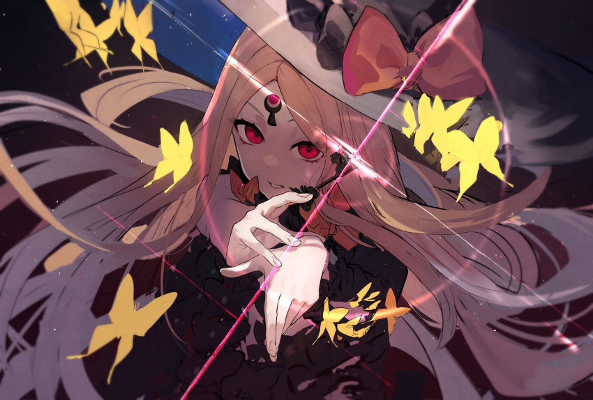 1girl abigail_williams_(fate) bangs bare_shoulders black_bow black_headwear blonde_hair blush bow breasts bug butterfly eisuto fate/grand_order fate_(series) forehead glint hair_bow hat highres insect key keyhole long_hair looking_at_viewer multiple_bows orange_bow parted_bangs polka_dot polka_dot_bow red_eyes small_breasts third_eye witch_hat