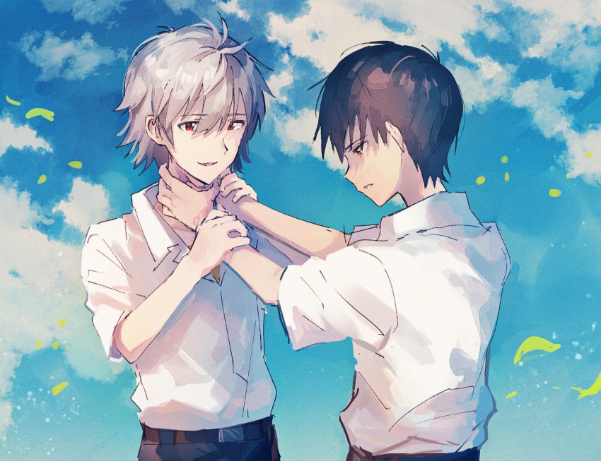 2boys black_pants blue_sky brown_eyes brown_hair clouds collared_shirt commentary_request grey_hair hajikkoneko hands_on_another's_arms hands_on_another's_neck highres ikari_shinji leaves_in_wind looking_at_another male_focus multiple_boys nagisa_kaworu neon_genesis_evangelion outdoors pants parted_lips red_eyes school_uniform shirt shirt_tucked_in short_hair short_sleeves sky smile strangling very_short_hair white_shirt