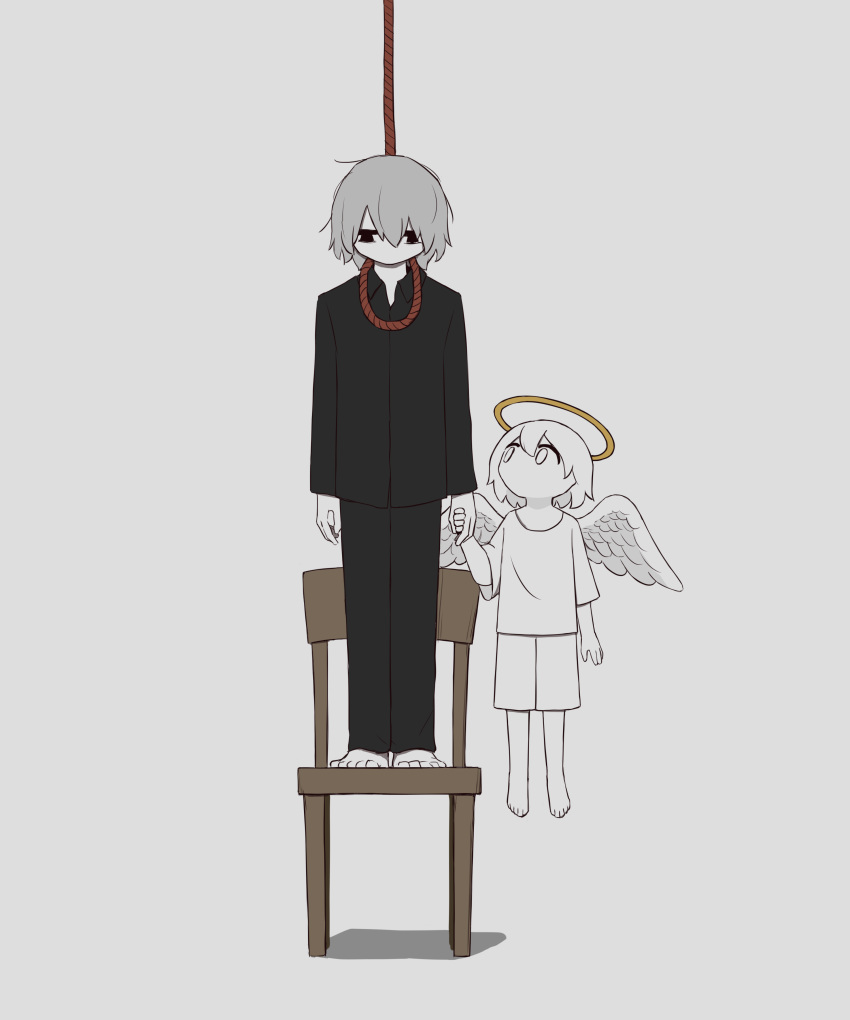 2boys absurdres angel avogado6 barefoot black_eyes black_pants black_shirt child colored_skin commentary_request flying grey_hair highres holding_hands imminent_suicide looking_down looking_up multiple_boys noose on_chair original pants shirt shorts simple_background standing white_background white_eyes white_hair white_shirt white_shorts white_skin white_wings wings