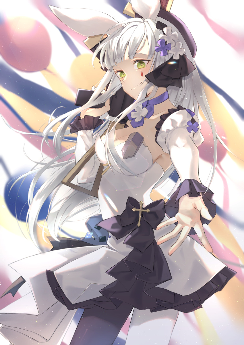 1girl absurdres animal_ears assault_rifle bangs blunt_bangs breasts choker commentary detached_sleeves dress fake_animal_ears girls_frontline green_eyes gun h&amp;k_hk416 highres hk416_(girls_frontline) huge_filesize long_hair medium_breasts outstretched_arm rabbit_ears rifle sakana-ko sidelocks solo strapless strapless_dress symbol-only_commentary teardrop_tattoo very_long_hair weapon white_hair