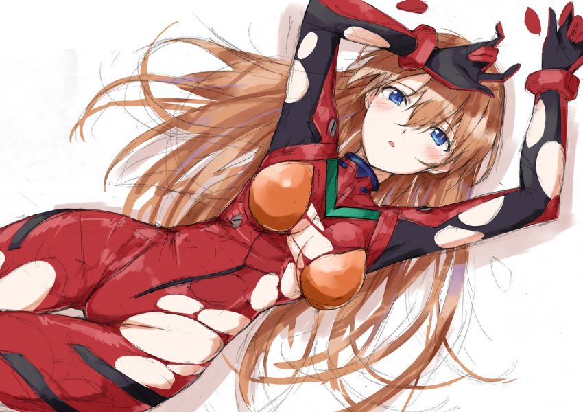 1girl :o arms_up bangs blue_eyes blush bodysuit brown_hair evangelion:_3.0+1.0_thrice_upon_a_time eyebrows_visible_through_hair from_above gloves groin hand_up highres long_hair looking_at_viewer lying marie_(pixiv31942978) neon_genesis_evangelion on_back parted_lips plugsuit rebuild_of_evangelion red_bodysuit sketch solo souryuu_asuka_langley thigh_gap torn_bodysuit torn_clothes very_long_hair