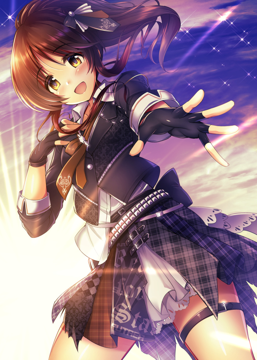 1girl alternate_costume belt black_gloves brown_eyes brown_hair cowboy_shot fingerless_gloves gloves highres idolmaster idolmaster_cinderella_girls idolmaster_cinderella_girls_starlight_stage jacket leather leather_jacket light_rays long_hair loose_necktie ment necktie next_frontier_(idolmaster) open_mouth sky sleeves_folded_up smile star_(sky) starry_sky studded_belt takamori_aiko thigh_strap twintails