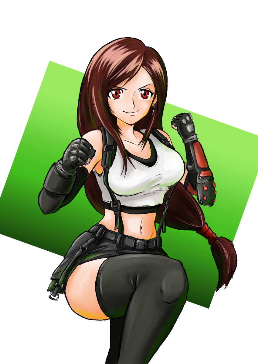 &gt;:) 1girl absurdres bangs black_legwear black_skirt breasts brolin brown_hair clenched_hands collarbone crop_top earrings elbow_gloves elbow_pads fighting_stance final_fantasy final_fantasy_vii final_fantasy_vii_remake fingerless_gloves gloves highres jewelry large_breasts leg_up long_hair looking_at_viewer low-tied_long_hair midriff navel skirt solo suspender_skirt suspenders suspenders_gap swept_bangs tank_top thigh-highs thighs tifa_lockhart v-shaped_eyebrows white_tank_top