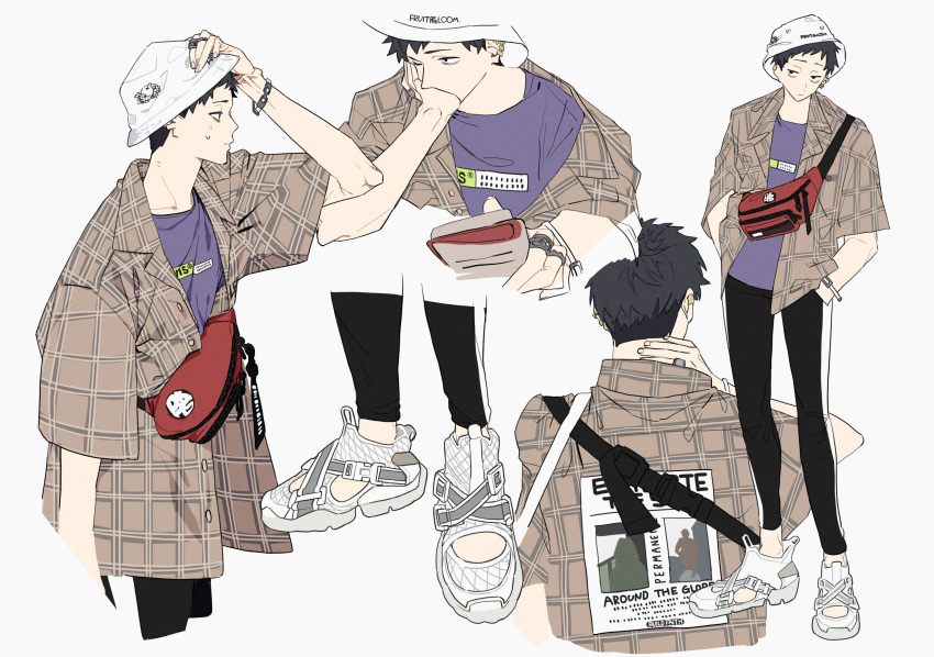 1boy alternate_costume black_pants brown_shirt collared_shirt fanny_pack hands_in_pockets head_tilt highres jewelry leaning_to_the_side male_focus nijisanji one_eye_closed pants plaid plaid_shirt ring shirt shoes sneakers sugata_dski sweat virtual_youtuber white_footwear yashiro_kizuku