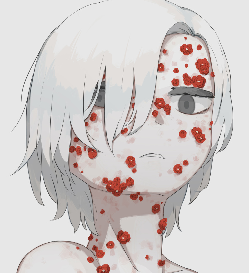 1other absurdres androgynous avogado6 commentary_request completely_nude flower grey_eyes hair_over_one_eye highres looking_at_viewer nude one_eye_covered open_mouth original parted_lips portrait red_flower short_hair simple_background solo white_background white_hair