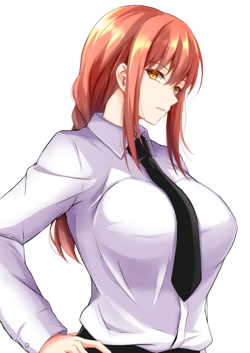 1girl bangs black_neckwear chainsaw_man commentary_request eyebrows_visible_through_hair highres large_breasts long_hair long_sleeves looking_at_viewer makima_(chainsaw_man) necktie parted_lips redhead shirt simple_background solo upper_body watarasera_piro white_background white_shirt yellow_eyes