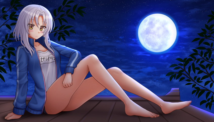 1girl bangs bare_legs barefoot blue_jacket blush breasts brown_eyes closed_mouth clouds collarbone commentary commission english_commentary eyebrows_visible_through_hair full_body full_moon hair_between_eyes highres jacket kazenokaze knees_up long_sleeves looking_at_viewer megami-ryou_no_ryoubo-kun moon night night_sky open_clothes open_jacket outdoors parted_bangs shirt silver_hair sitting sky small_breasts solo star_(sky) starry_sky white_shirt