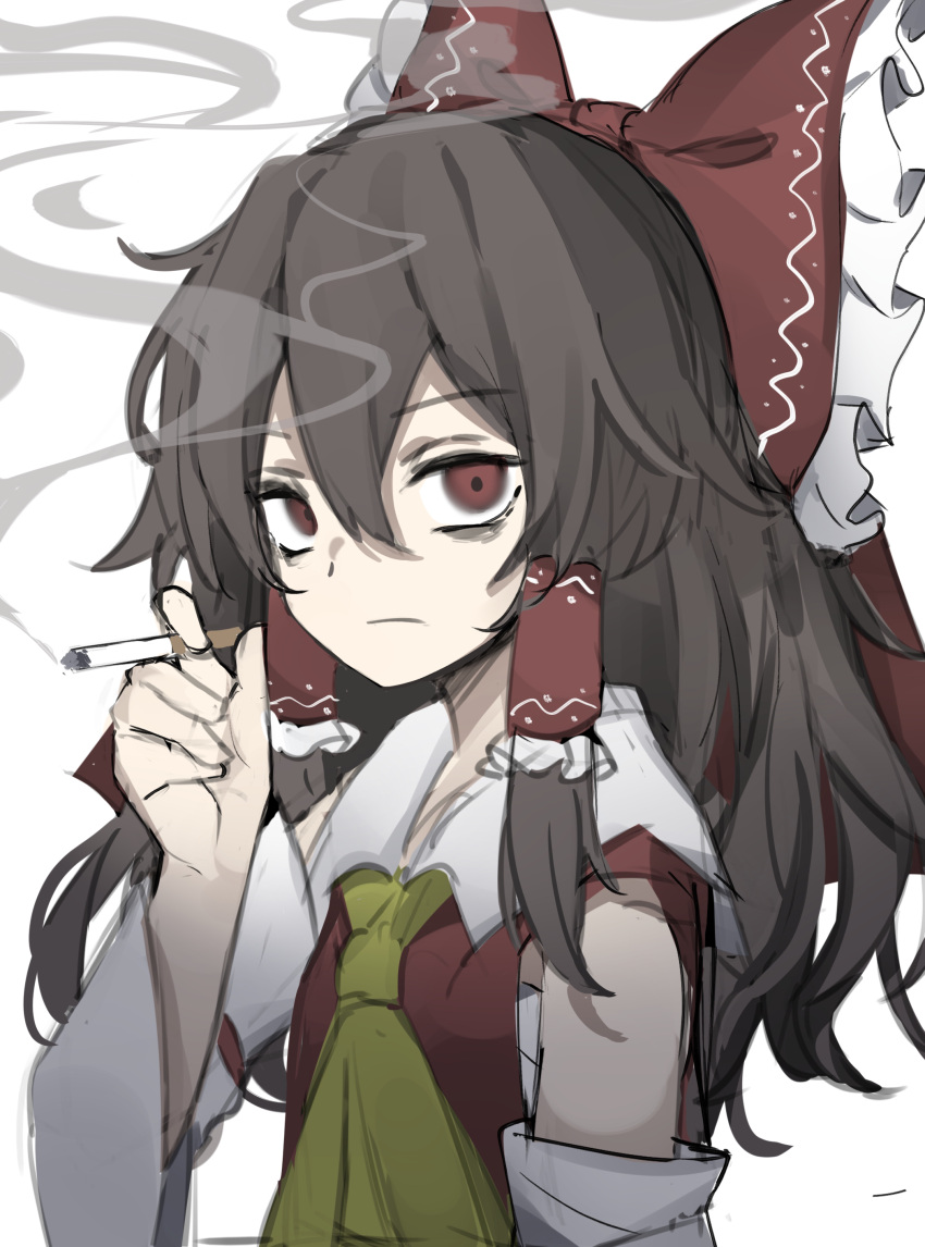 absurdres bags_under_eyes bow brown_hair cigarette constricted_pupils detached_sleeves duplicate frilled_bow frills hair_bow hair_tubes hakurei_reimu highres hisha_(kan_moko) holding holding_cigarette japanese_clothes looking_at_viewer miko red_eyes ribbon-trimmed_sleeves ribbon_trim smoke smoking straight_face touhou