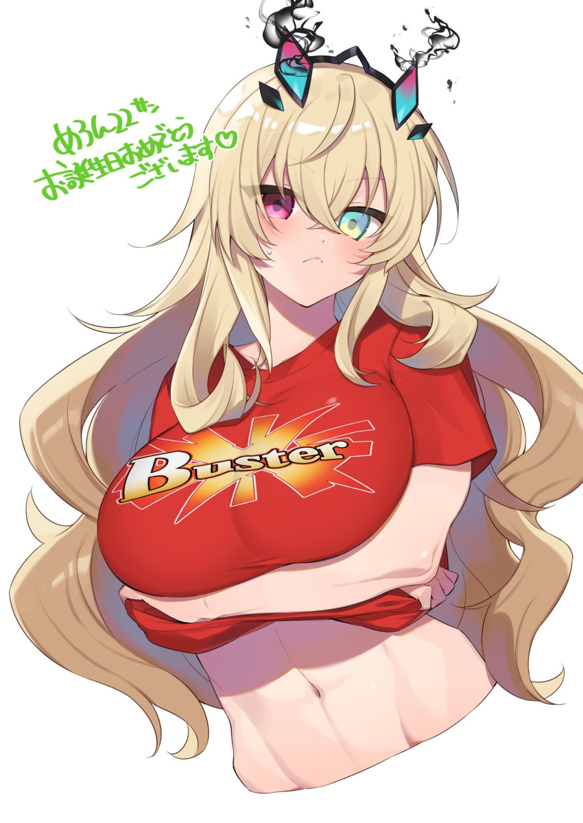 1girl abs bangs blonde_hair blue_eyes blush breasts buster_shirt citron_82 fairy_knight_gawain_(fate) fate/grand_order fate_(series) heterochromia highres horns large_breasts long_hair looking_at_viewer navel red_eyes red_shirt shirt solo t-shirt translation_request