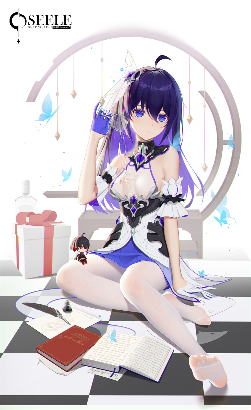 1girl absurdres alcohol alternate_costume alternate_hair_color antenna_hair bangs blue_butterfly bug butterfly checkered checkered_floor closed_mouth cup doll dress full_body gift gloves hair_between_eyes heart-heavenly5 highres holding holding_cup honkai_(series) honkai_impact_3rd ink insect long_hair looking_at_viewer no_shoes on_floor pantyhose purple_hair quill see-through seele_(alter_ego) seele_vollerei seele_vollerei_(starchasm_nyx) short_sleeves sitting smile soles solo spilling toes violet_eyes wet wet_clothes white_dress white_gloves white_legwear wine
