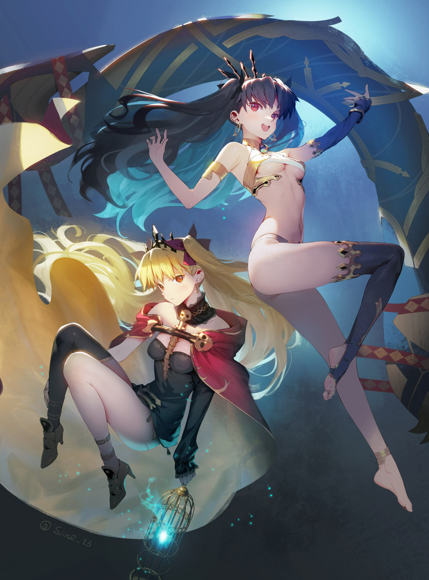2girls :d armlet asymmetrical_sleeves bangs barefoot black_dress black_hair black_legwear blonde_hair breasts cage cloak commentary detached_collar detached_sleeves dress earrings ereshkigal_(fate) eyebrows_visible_through_hair fate/grand_order fate_(series) floating floating_hair full_body hair_ribbon heavenly_boat_maanna high_heels highres holding holding_cage hoop_earrings ishtar_(fate) ishtar_(fate)_(all) jewelry knees_up legs long_hair looking_at_viewer medium_breasts multiple_girls navel open_mouth red_cloak red_eyes red_ribbon ribbon short_dress siino single_detached_sleeve single_sleeve single_thighhigh skull_necklace smile strapless strapless_dress thigh-highs tiara toes twitter_username two_side_up under_boob uneven_sleeves