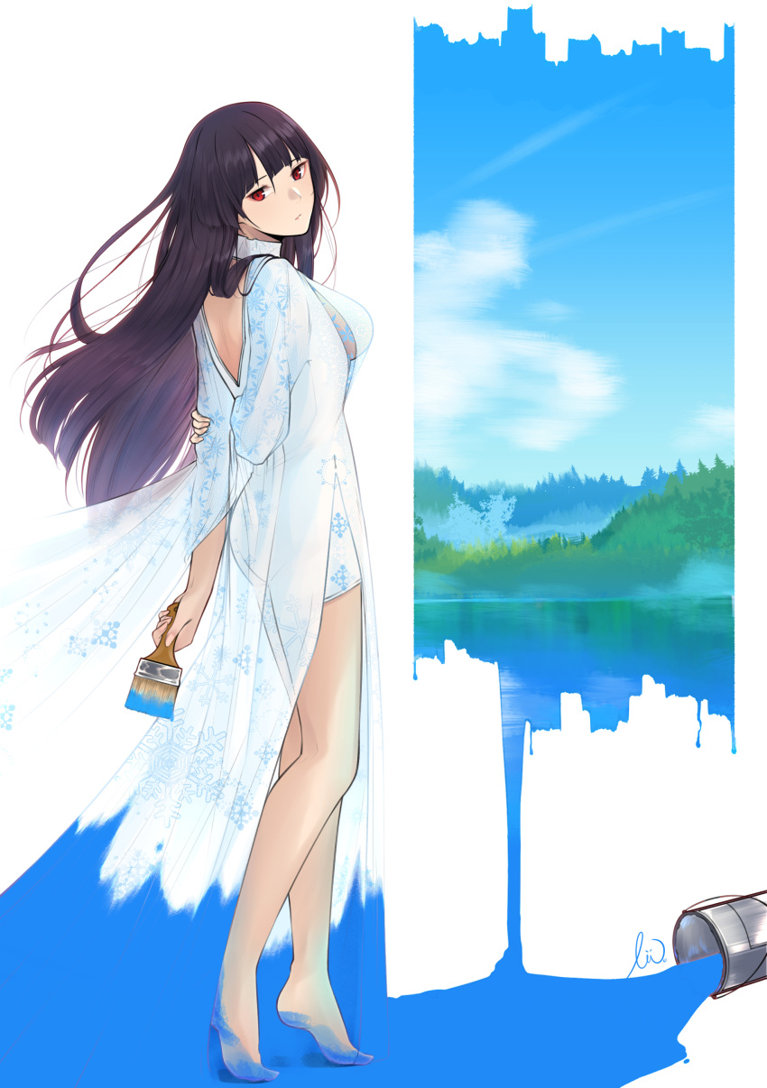 1girl absurdres bangs blunt_bangs breasts full_body girls_frontline hair_down highres long_hair medium_breasts paint paint_can paintbrush purple_hair red_eyes solo standing stigmamyu trim_brush very_long_hair wa2000_(girls_frontline) white_robe