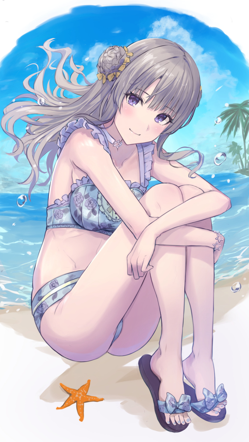 1girl bangs bare_arms bare_legs blue_sky blue_swimsuit blush breasts bubble choker clouds collarbone eno_(joqeve) eyebrows_visible_through_hair floral_print frilled_swimsuit frills highres hugging_own_legs idolmaster idolmaster_shiny_colors knees_up light_brown_hair long_hair looking_at_viewer medium_breasts nail_polish ocean outdoors palm_tree rose_print sandals side_bun sitting sky smile solo star_(symbol) star_bracelet star_choker starfish swimsuit toeless_footwear toenail_polish toenails tree violet_eyes water yuukoku_kiriko