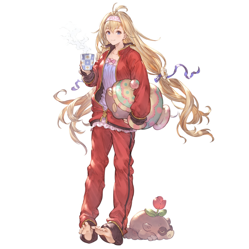 1girl alternate_costume barefoot blonde_hair blue_eyes bow cup dress flower gown granblue_fantasy hair_flower hair_ornament hair_ribbon hairband jacket jeanne_d'arc_(granblue_fantasy) long_hair looking_at_viewer mole_(animal) official_art pants pillow pink_bow ribbon simple_background smile solo track_jacket track_pants track_suit transparent_background very_long_hair