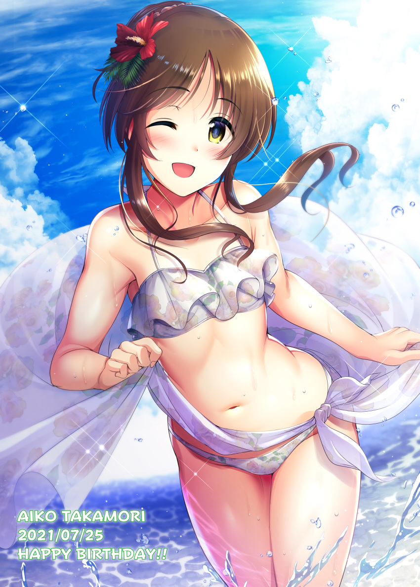 1girl absurdres armpit_crease bikini blue_sky blush brown_hair character_name clouds dated day flat_chest flower hair_flower hair_ornament happy_birthday highres idolmaster idolmaster_cinderella_girls long_hair looking_at_viewer ment navel ocean one_eye_closed open_mouth outdoors ponytail red_flower short_hair short_hair_with_long_locks sky smile solo splashing swimsuit takamori_aiko wading white_bikini yellow_eyes