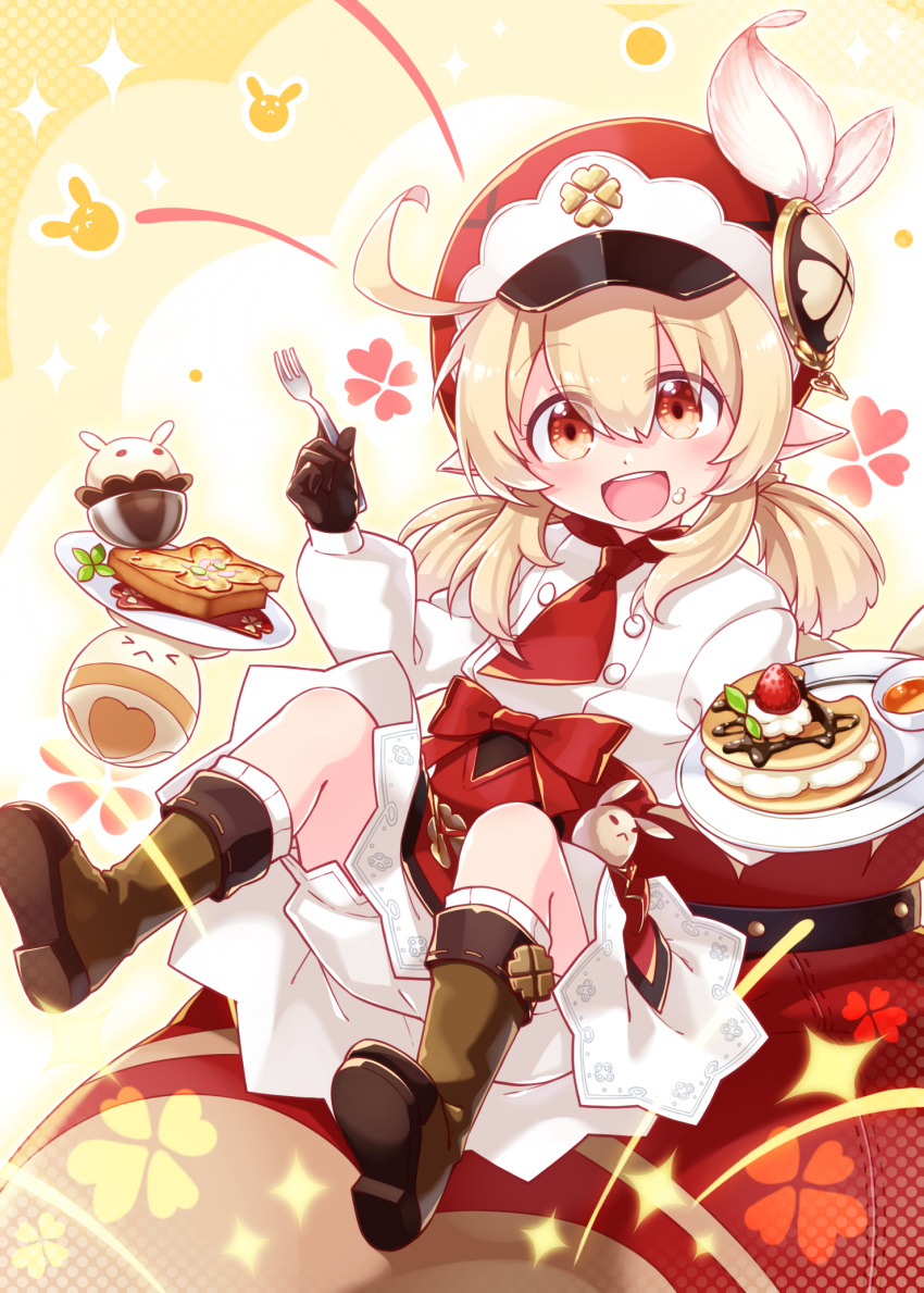 1girl :d ahoge bangs bloomers brown_footwear brown_gloves cabbie_hat chef_uniform clover_print commentary_request cream cream_on_face cupcake dodoco_(genshin_impact) eyebrows_visible_through_hair food food_on_face fork fruit genshin_impact gloves hair_between_eyes hat hat_feather hat_ornament highres holding holding_fork jumpy_dumpty klee_(genshin_impact) kneehighs light_brown_hair long_hair long_sleeves looking_at_viewer open_mouth orange_eyes pancake plate sansei_rain sidelocks sitting smile solo strawberry toast underwear