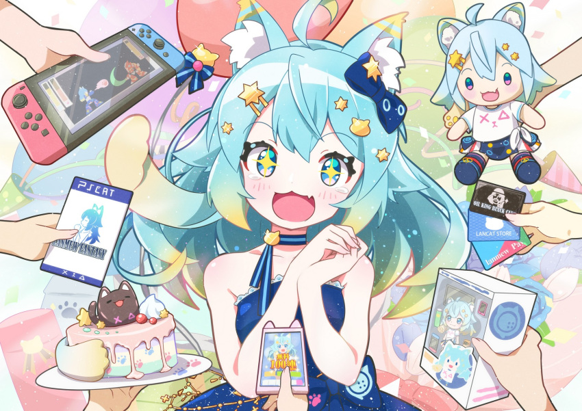 +_+ 1girl 6+others :d ahoge animal_ear_fluff animal_ears balloon bangs bare_arms bare_shoulders blue_bow blue_dress blue_eyes blue_flower blue_hair blue_rose blush bow cake card cat_ears cat_hair_ornament cellphone character_doll commentary_request dress eyebrows_visible_through_hair final_fantasy flower food fuusen_neko gift_card gradient_hair green_hair hair_between_eyes hair_bow hair_ornament hairclip hands_together hands_up highres holding holding_card holding_plate lanmewko long_hair multicolored_hair multiple_others nintendo_switch open_mouth original out_of_frame own_hands_together parody party_popper phone plate rose smile solo_focus star_(symbol) star_hair_ornament strapless strapless_dress streamers tears