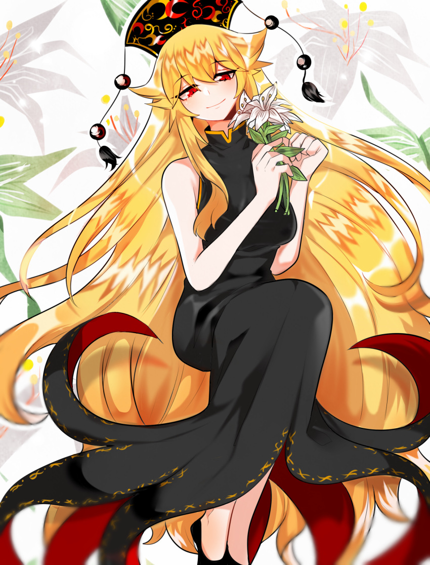 1girl bangs bare_shoulders black_dress black_footwear black_headwear blonde_hair breasts china_dress chinese_clothes closed_mouth crescent dress eyebrows_visible_through_hair eyes_visible_through_hair floral_background flower hair_between_eyes hands_up hat highres junko_(touhou) leaf lily_(flower) long_hair looking_down looking_to_the_side medium_breasts mindoll one-hour_drawing_challenge pom_pom_(clothes) red_eyes shoes sitting sleeveless smile solo touhou very_long_hair white_background white_flower
